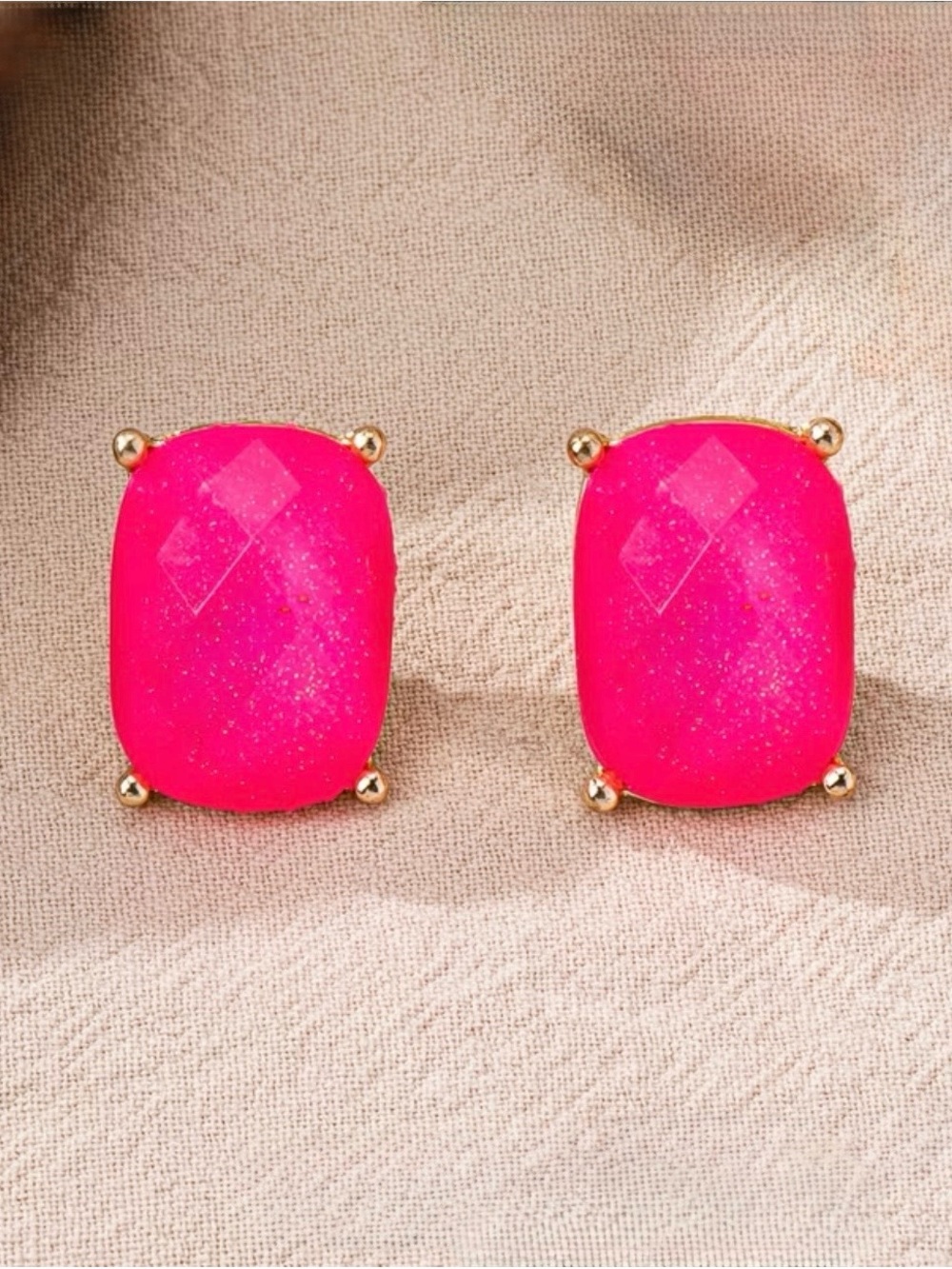 Gold-Set Hot Pink Cushion Stud Earrings - Women Jewelry
